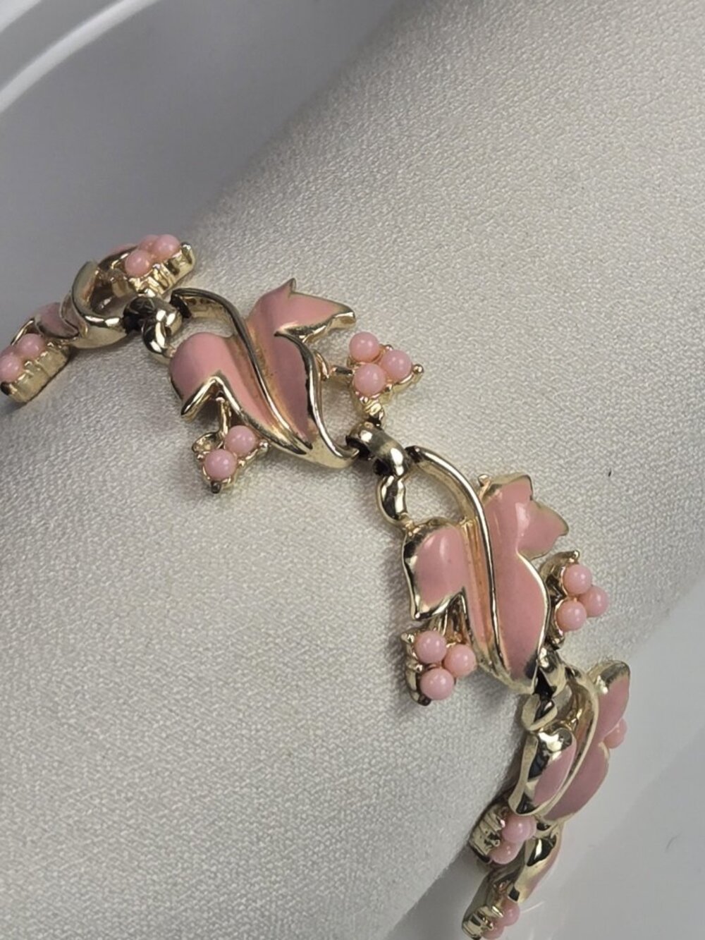 Vintage Coro Pink Thermoset Bracelet Leaf Floral Link MCM 1950s 60s - Picture 12 of 12